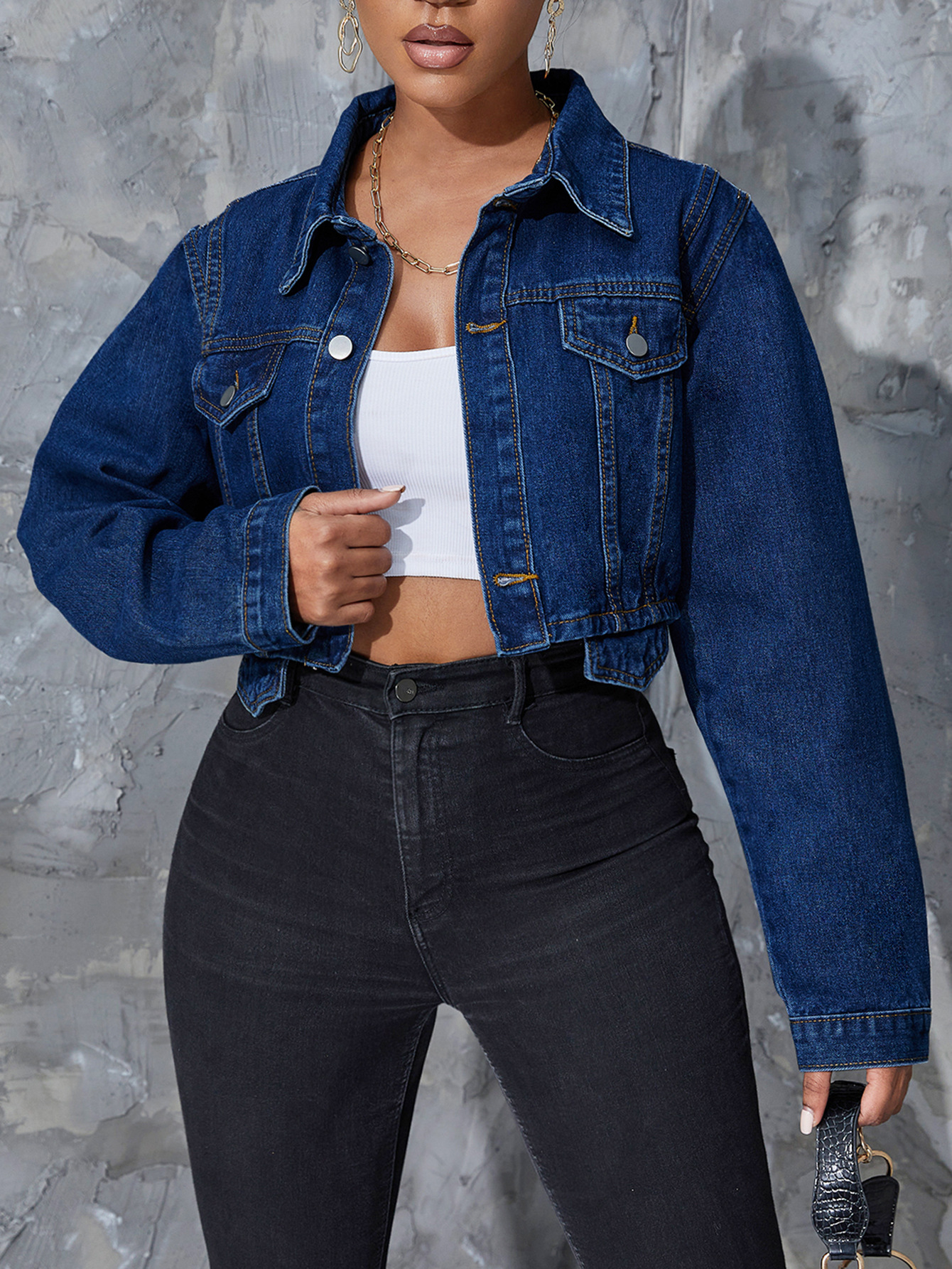 

LW Turndown Collar Button Design Denim Jacket, Deep blue