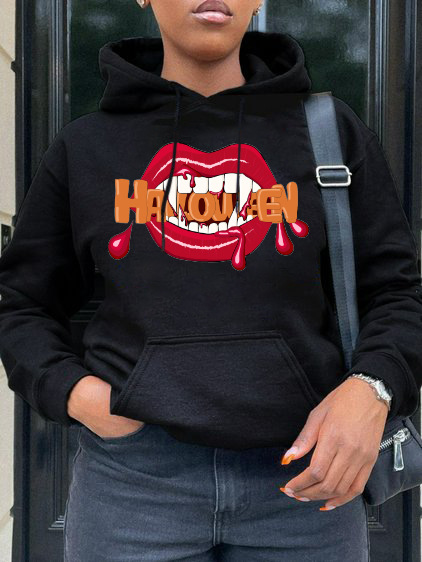 

LW Lip Letter Print Kangaroo Pocket Hoodie, Black