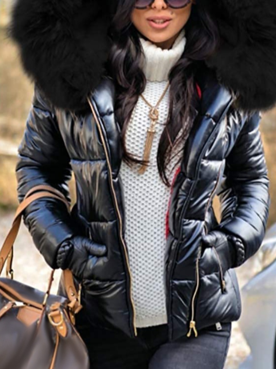 

LW Hooded Collar Faux Fur Puffer Jacket, Pitch-black