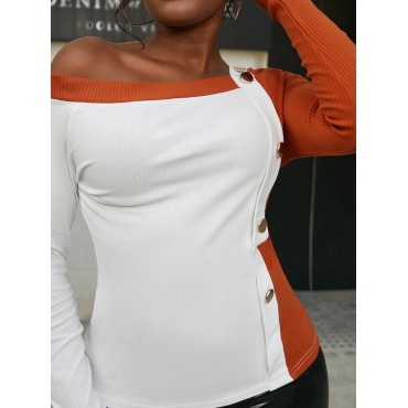 

LW SXY Button Design Patchwork Regular Sweater, Orange