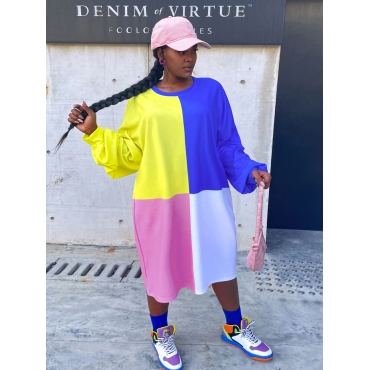 

LW Hooded Collar Patchwork Sweat Dress, Multi