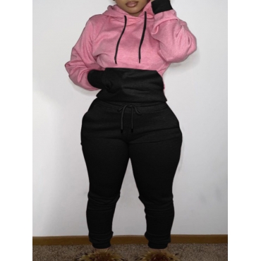

LW Plus Size Drawstring Patchwork Tracksuit Set, Light pink