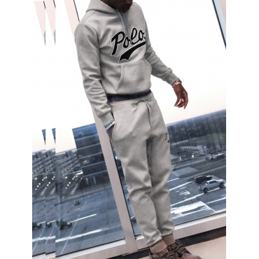 

LW Men Letter Print Kangaroo Pocket Tracksuit Set, Grey