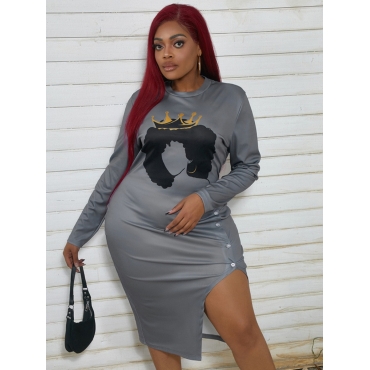 

LW Plus Size Figure Print Button Design Split Dress, Grey