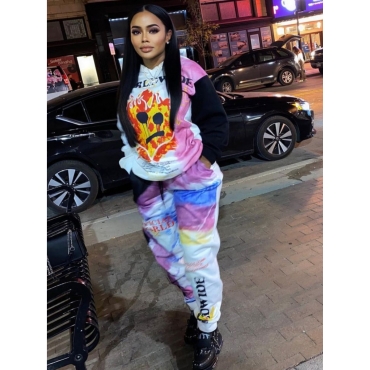 

LW Tie-dye Letter Print Two Piece Pants Set, White