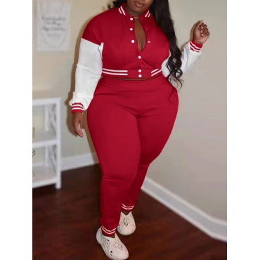 LW Plus Size Striped Button Design Tracksuit Set, Red