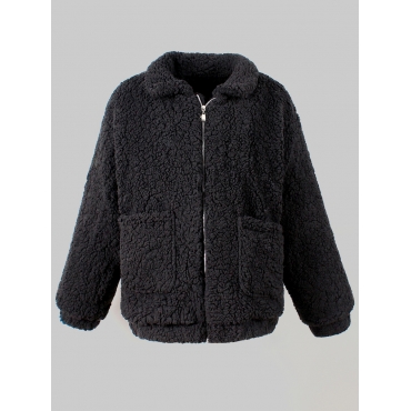 

LW Plus Size Pocket Zipper Design Teddy Jacket, Black