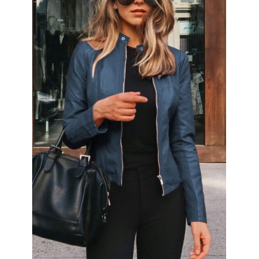 

LW Plus Size Zipper Design Solid Leather Jacket, Navy blue