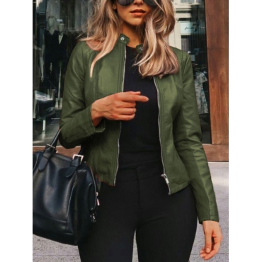 

LW Plus Size Zipper Design Solid Leather Jacket, Army green