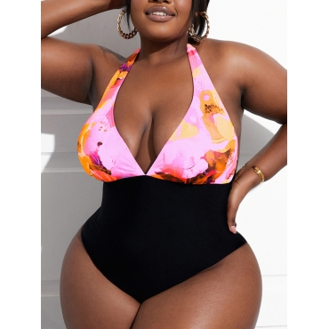 

LW Plus Size Tie-dye Backless One-piece Swimsuit, Pink