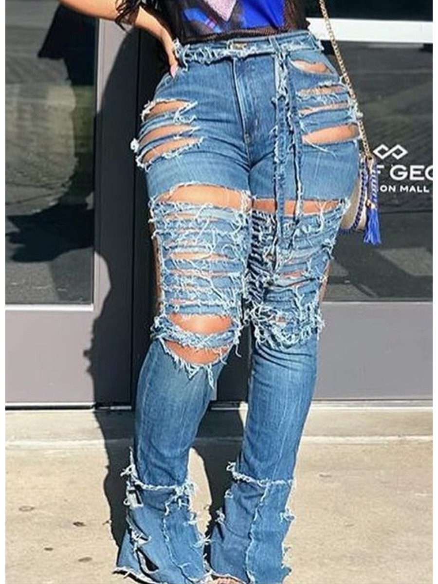 

LW Mid Waist Ripped Jeans, Blue
