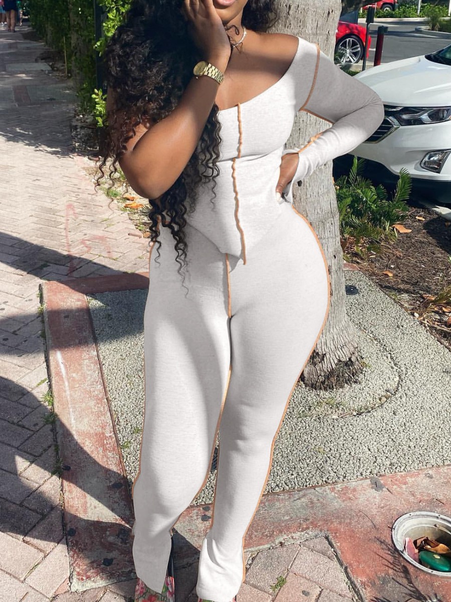

LW SXY Off The Shoulder Line Stitching Pants Set, White