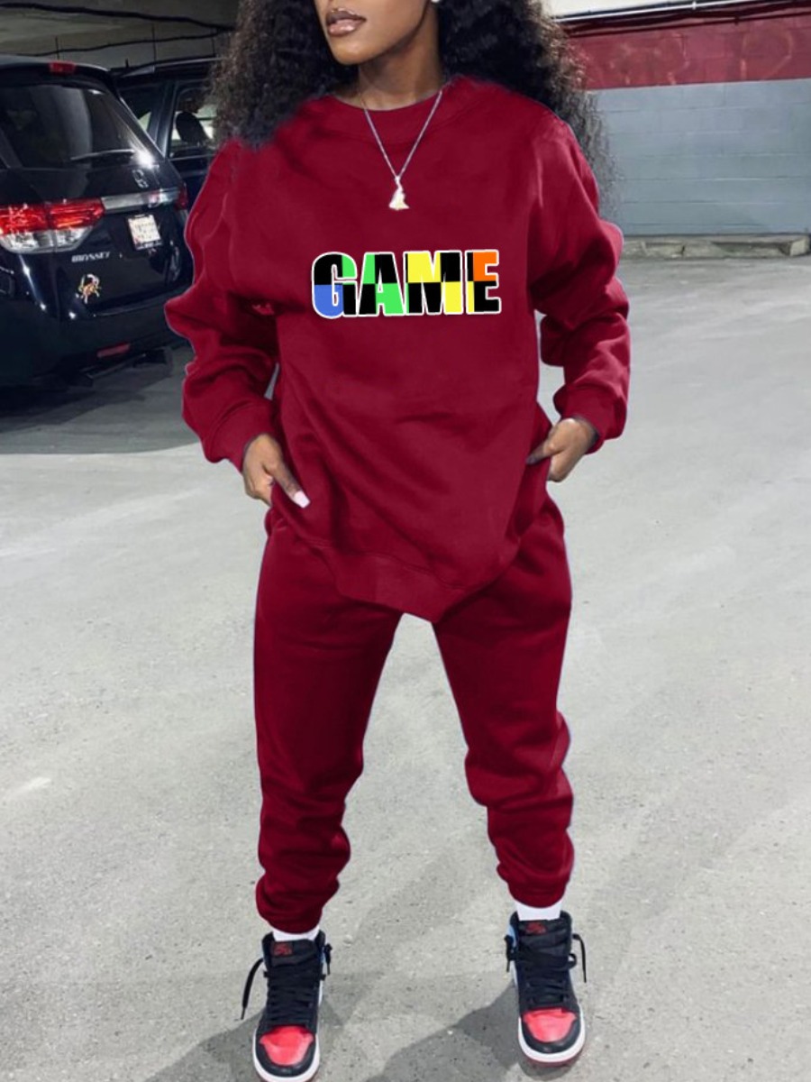 

LW Letter Print Loose Pants Set, Wine red