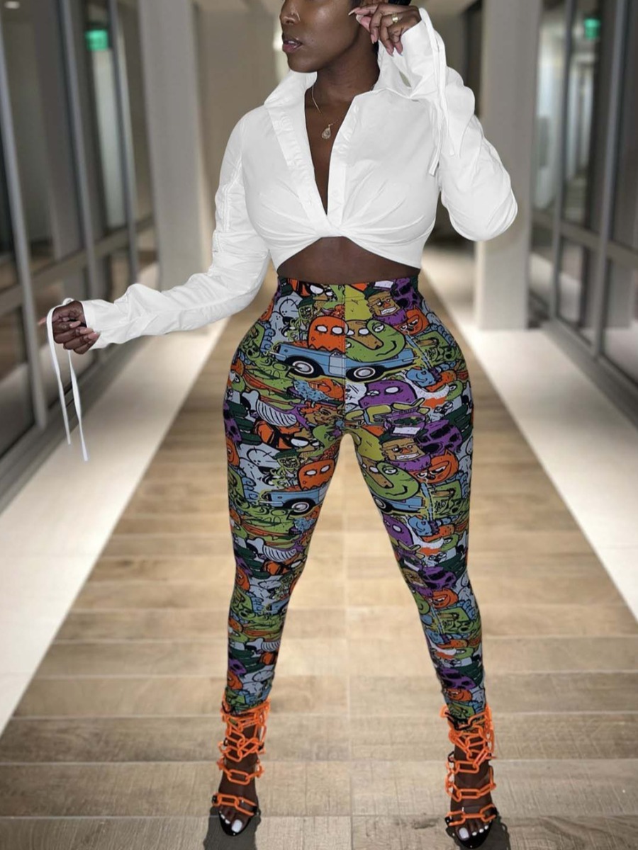 

LW Cartoon Print Twist Front Pants Set, Multi