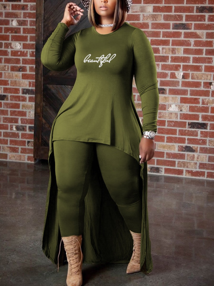 

LW Plus Size Letter Print Asymmetriccal Pants Set, Army green