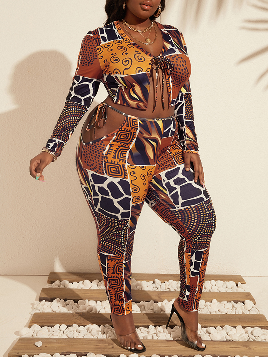 

LW SXY Plus Size Mixed Print Bandage Design Pants Set, Multi