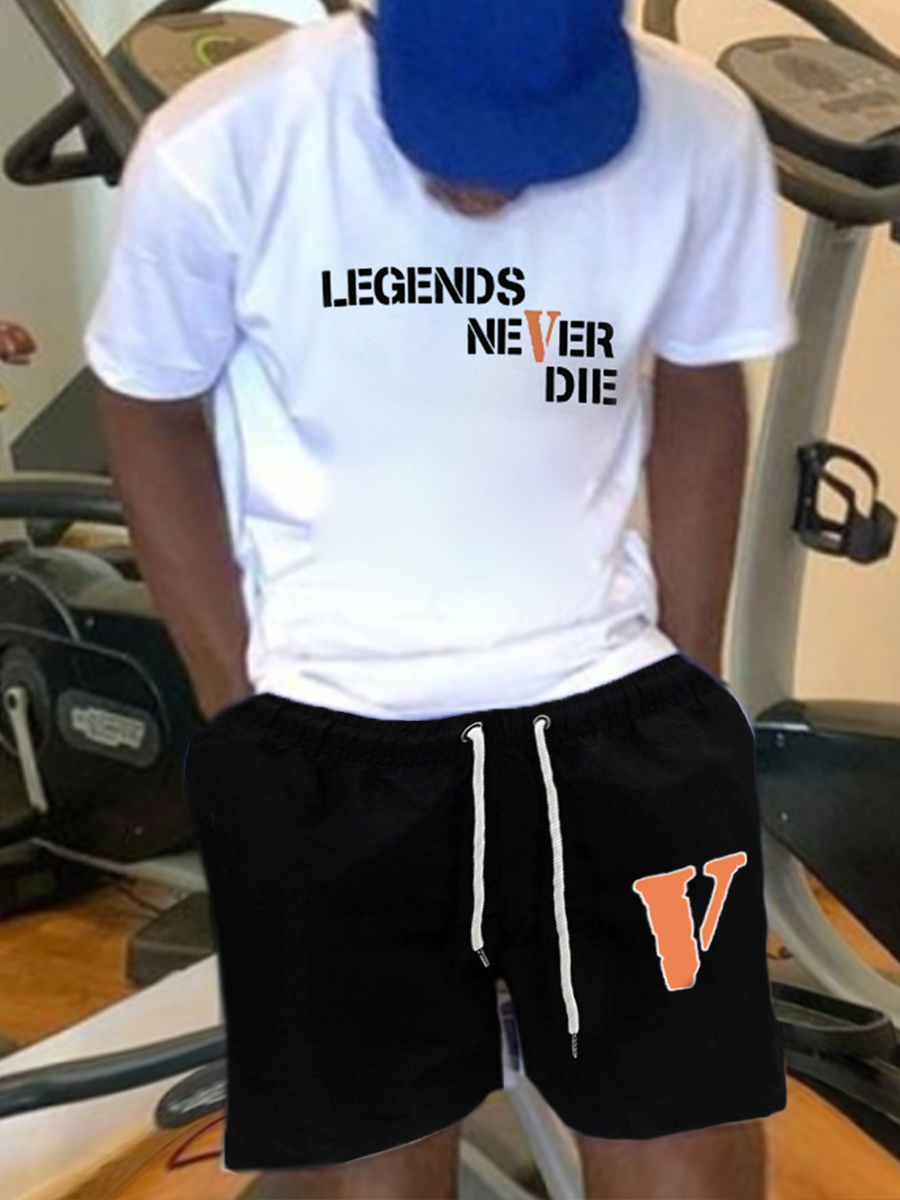 LovelyWholesale Men Letter Print Drawstring Shorts Set Summer Short Sleeve Vacation Pattern Round Neck Spring Summer 2024