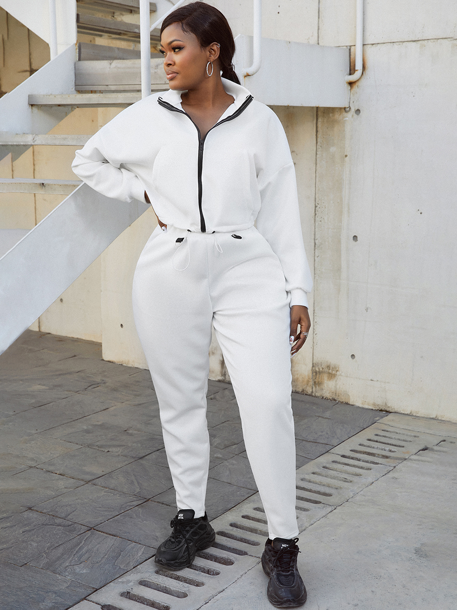 

LW Zipper Design Drawstring Tracksuit Set, White
