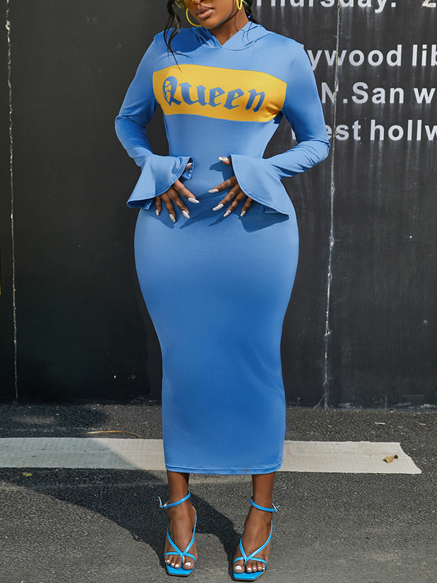 

LW Hooded Collar Letter Print Sweat Dress (Without Belt Bag), Blue