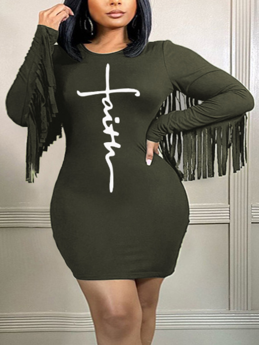 

LW Plus Size Faith Letter Print Tassel Design Bodycon Dress, Black green