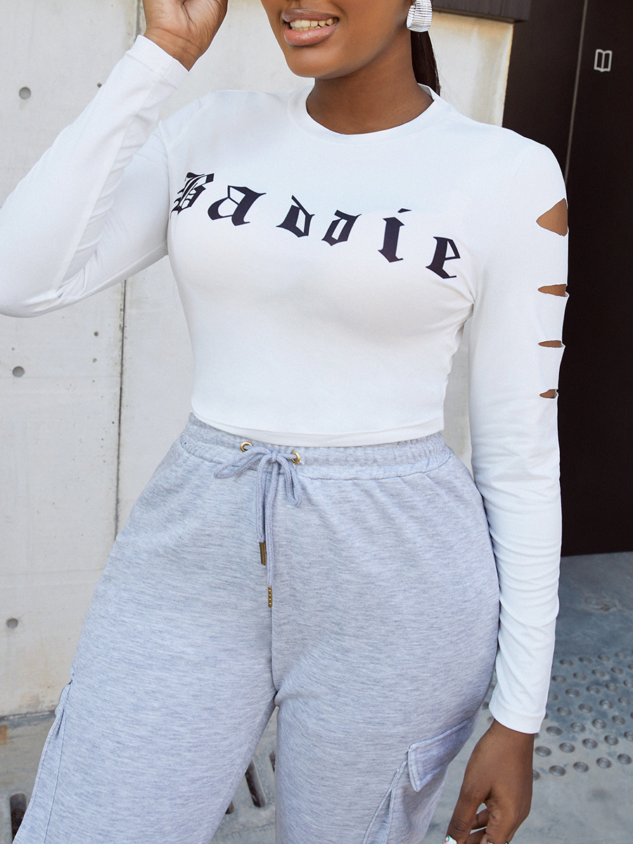 

LW Letter Print Ripped T-shirt, White