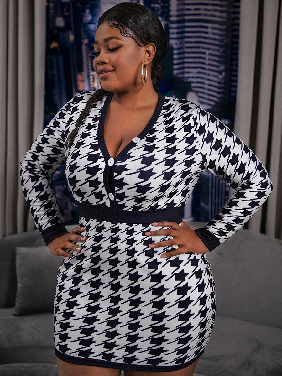 

LW Plus Size Button Design Houndstooth Dress, Hound stooth
