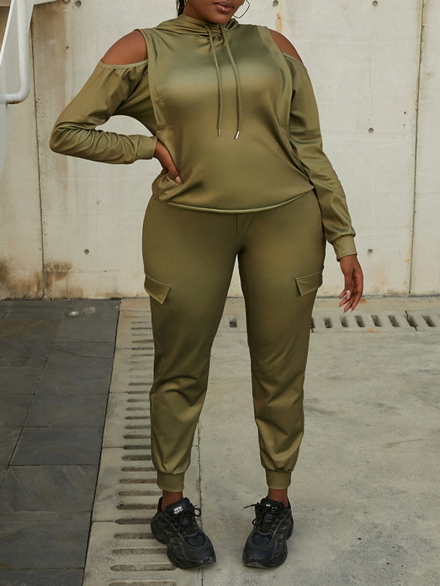 

LW Cold Shoulder Pocket Design Tracksuit Set, Brown