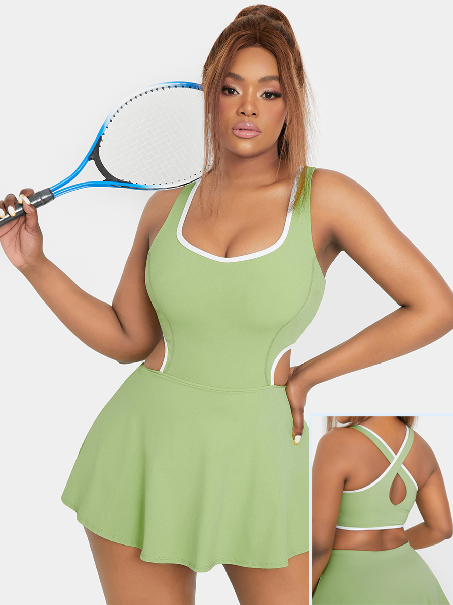 LW U Neck Stretchy Removable Padded Cut Out 2-in-1 Activity Dress