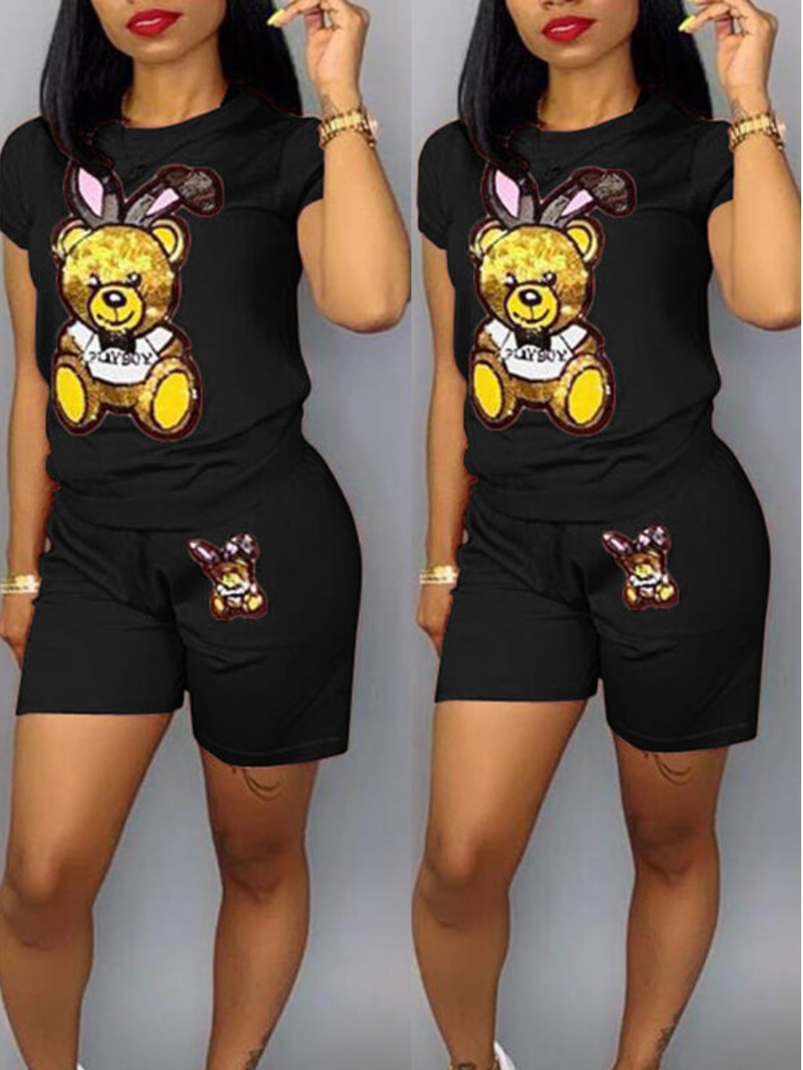 LovelyWholesale Bear Casual Cartoon Print Black Two-piece Shorts Set Summer Short Sleeve Casual Basic Round Neck Spring Summer 2024