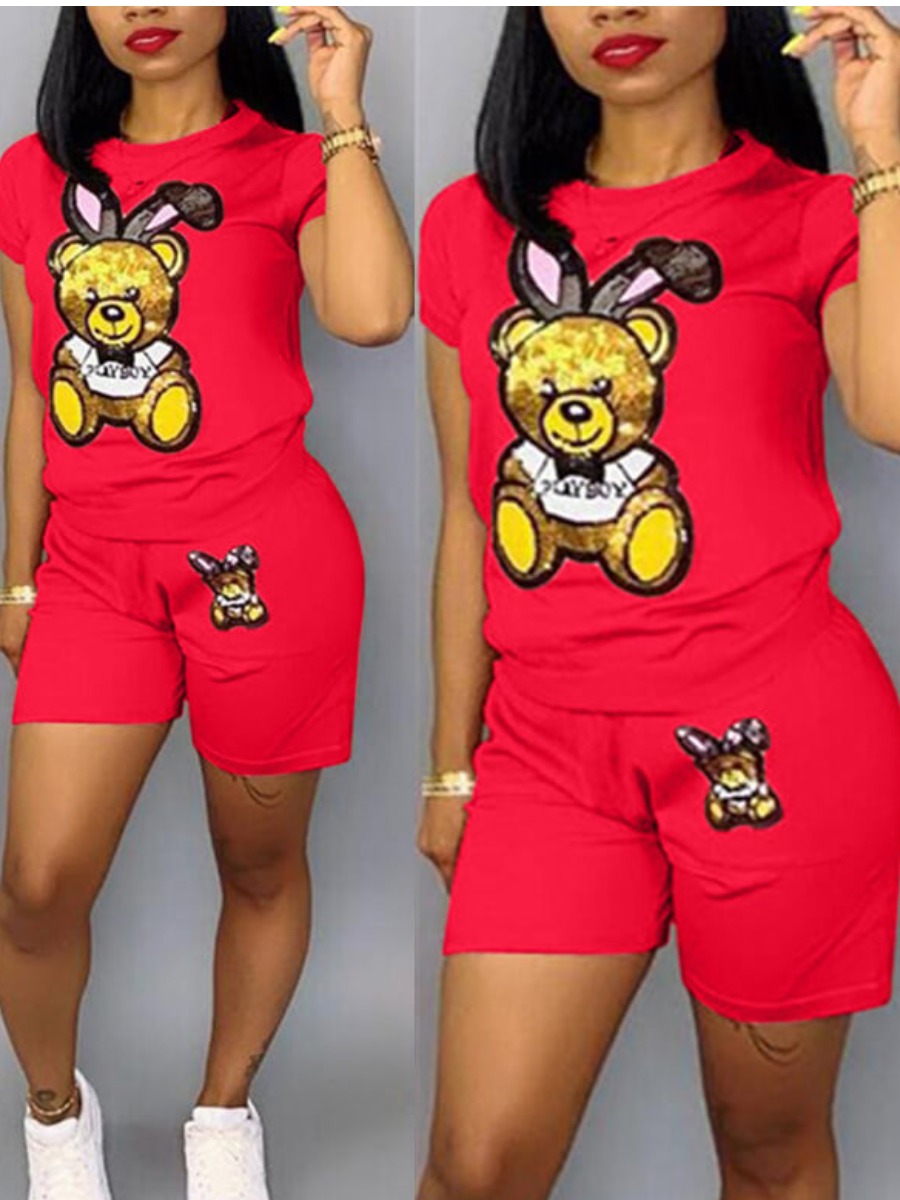 LovelyWholesale Bear Casual Cartoon Print Red Two-piece Shorts Set Summer Short Sleeve Casual Basic Round Neck Spring Summer 2024