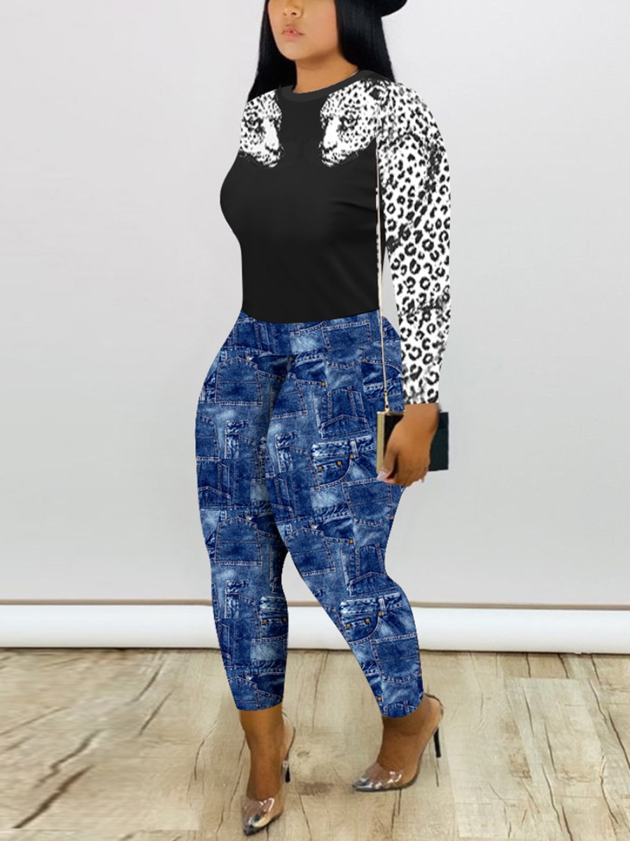 

LW Round Neck Leopard Print Pants Set, Black