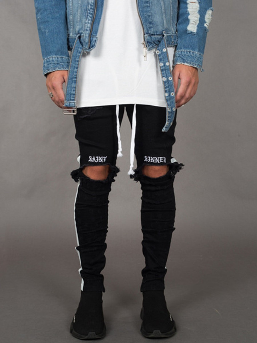 

LW Men Striped Ripped Jeans, Black