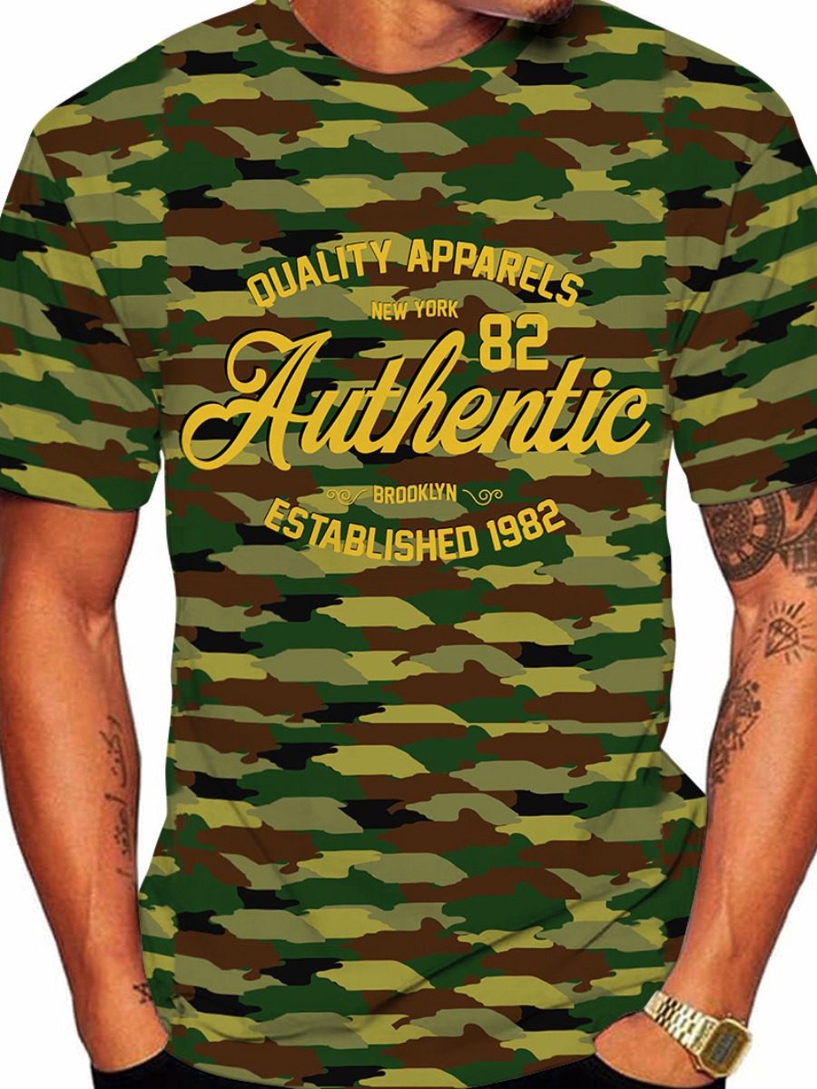 

LW Men Letter Camo Print T-shirt, Army green camouflag