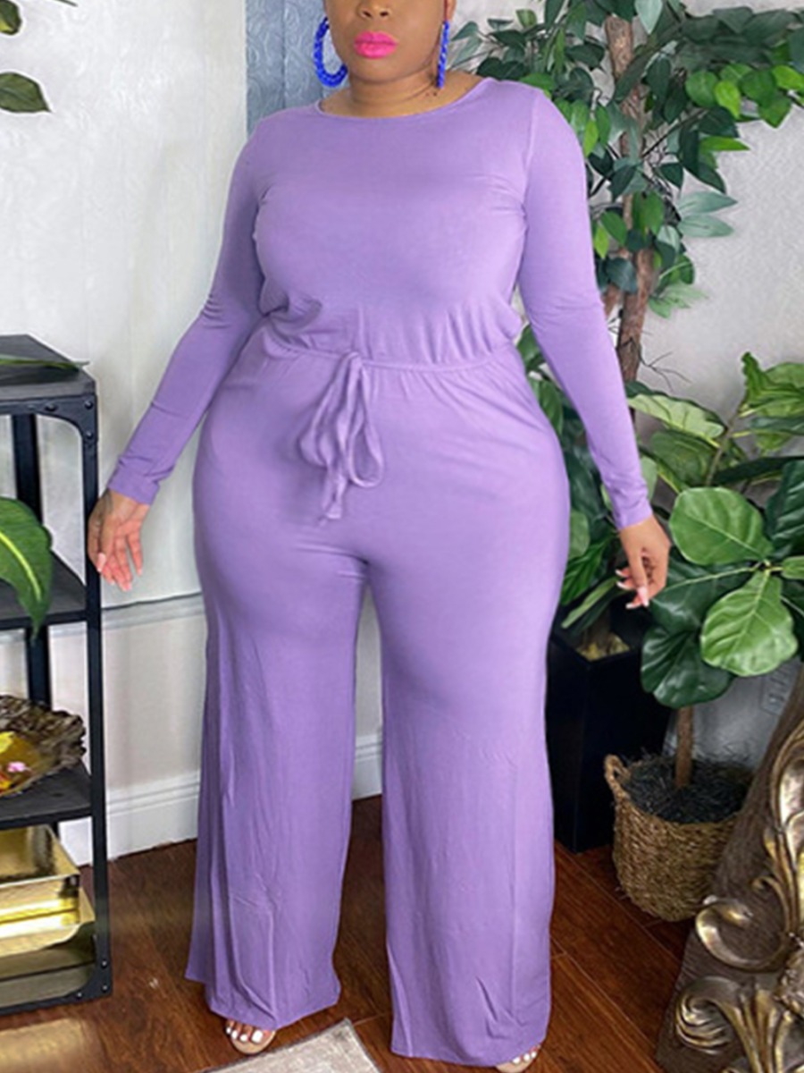 

LW Plus Size Round Neck Drawstring Jumpsuit, Purple