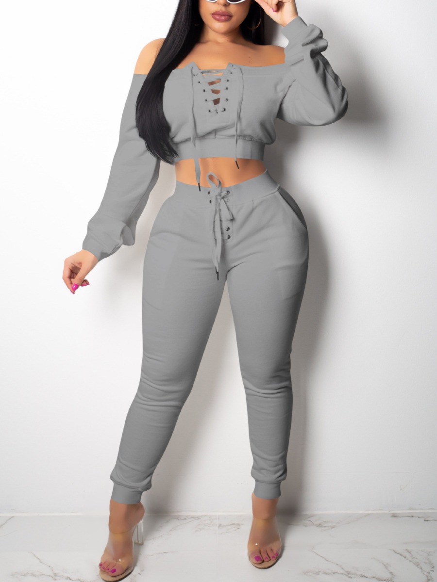 

LW Off The Shoulder Drawstring Pants Set, Grey