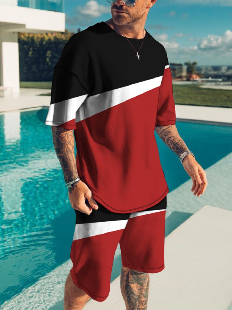 

LW Men Round Neck Patchwork Shorts Set, Red