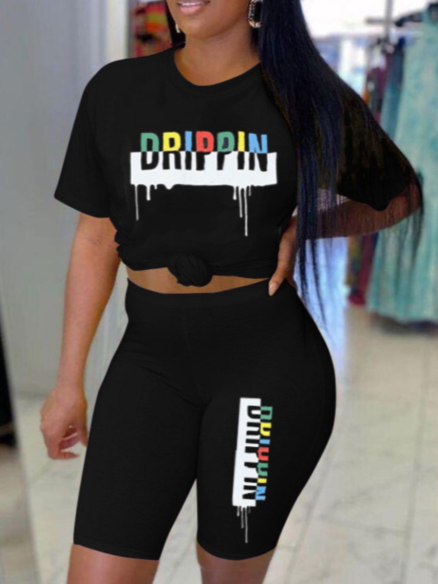 

LW Round Neck Letter Print Shorts Set, Black