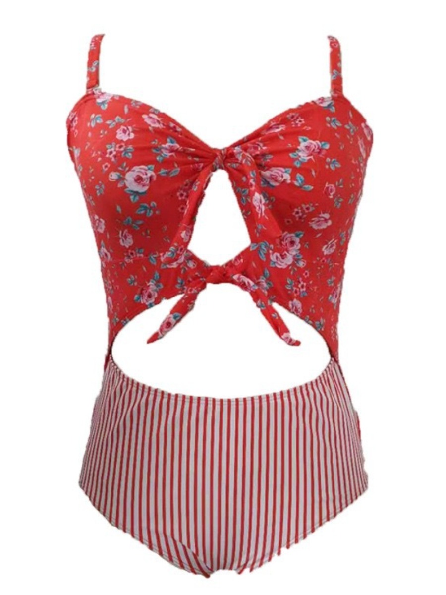 LW Plus Size Floral Print Striped One-piece Swimsuit