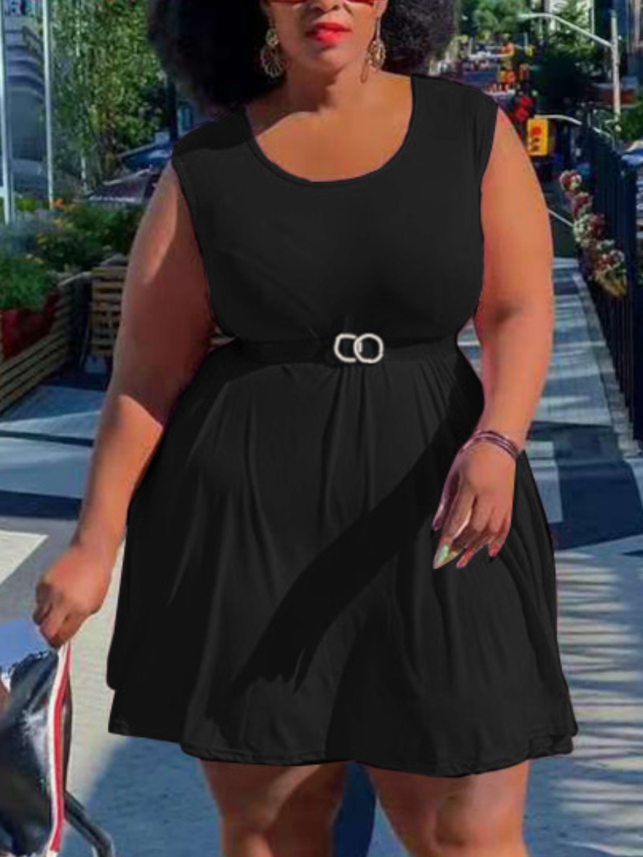 

LW COTTON Plus Size U Neck A Line Dress, Black