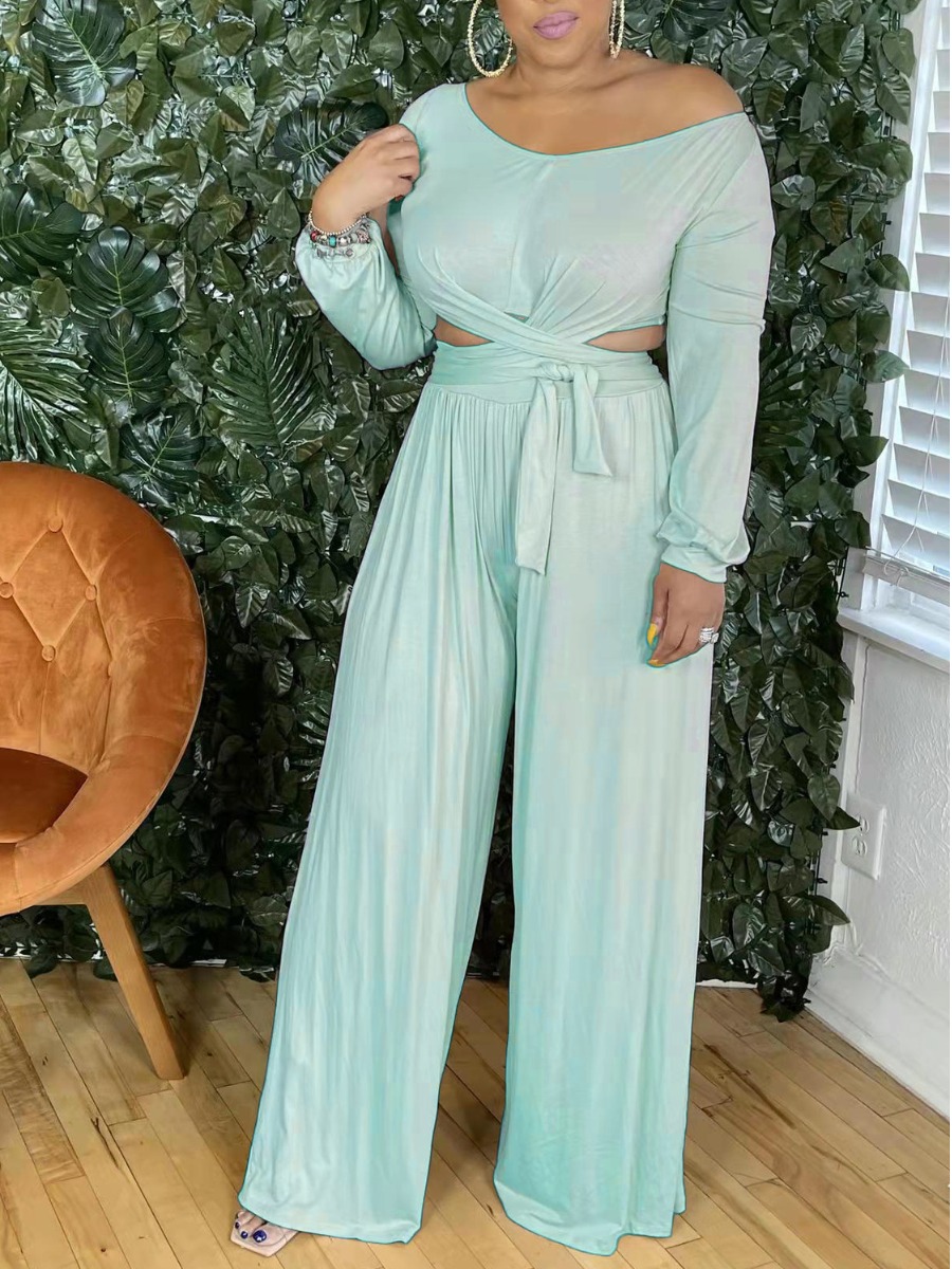 

LW Bandage Design Wide Leg Pants Set, Skyblue