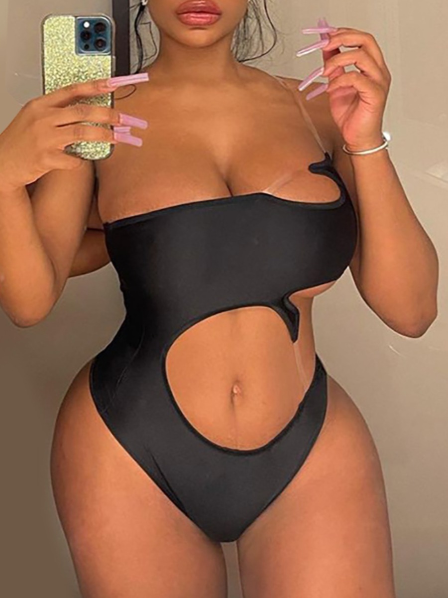

LW SXY Clear Strap Cut Out Bodysuit, Black