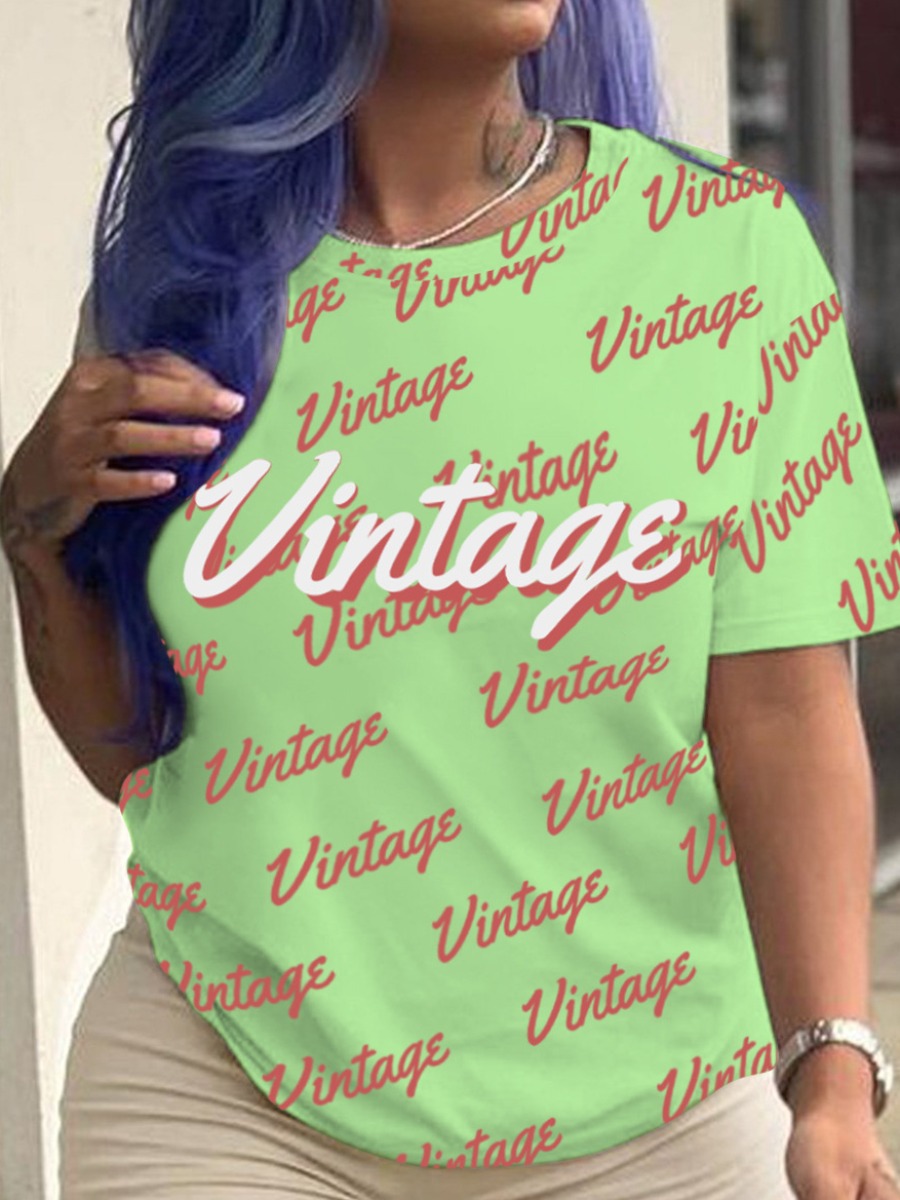 

LW Plus Size Round Neck Letter Print T-shirt, Light green