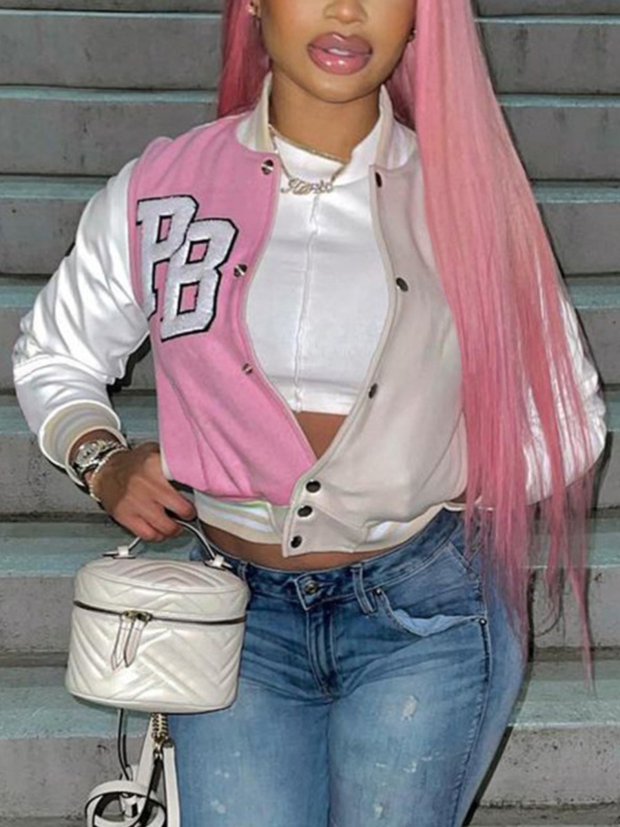 LovelyWholesale Letter Decor Striped Jacket Fall Street Breasted Baseball Collar Spring Summer 2024