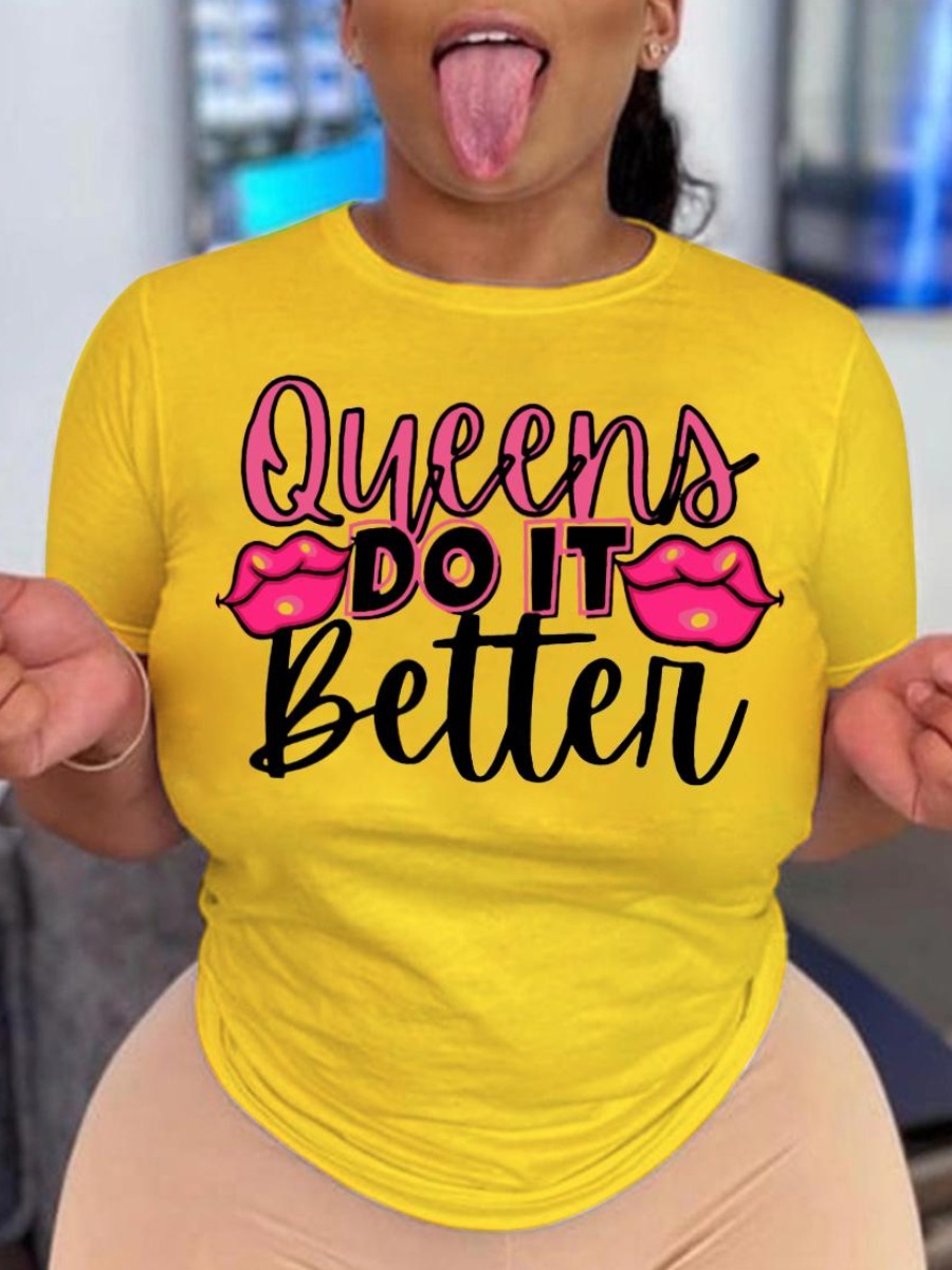 

LW Plus Size Letter Lip Print T-shirt, Yellow