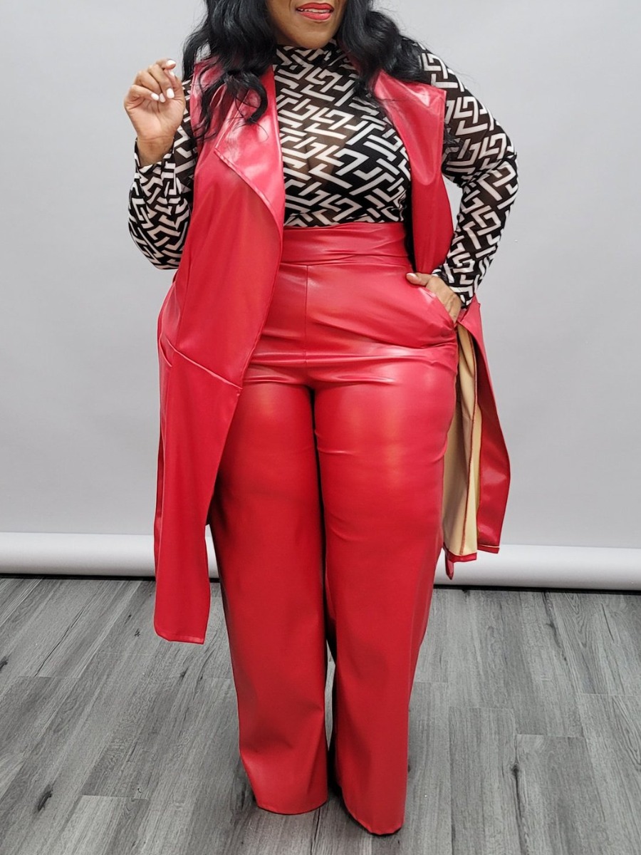 

LW Plus Size PU Leather Bandage Design Pants Set (Without T-shirt), Red