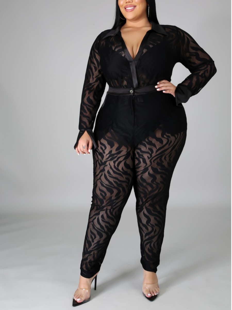 

LW Plus Size V Neck See-through Jumpsuit, Black