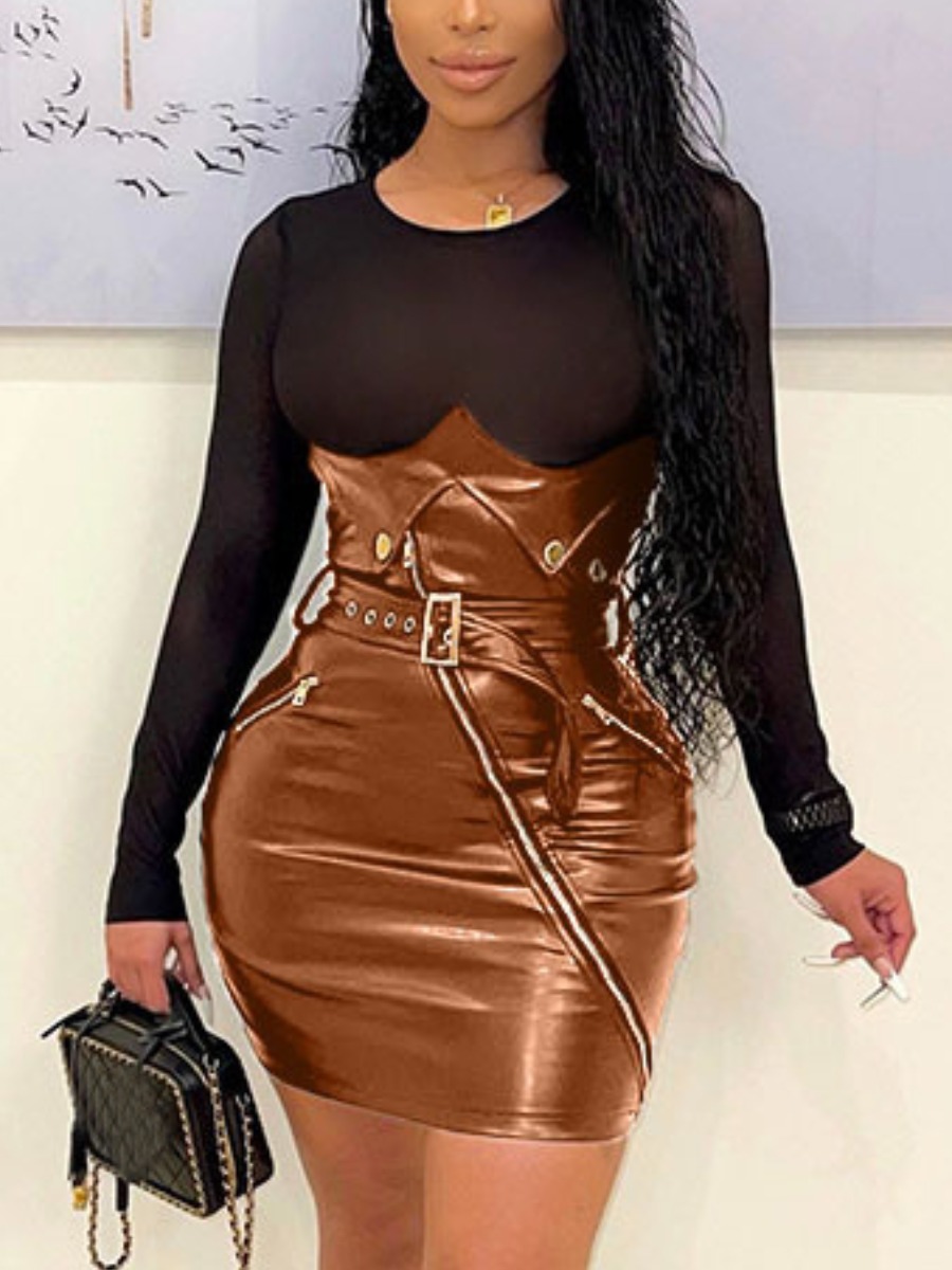 

LW Leather Zipper Belt Design Bodycon Dress, Khaki