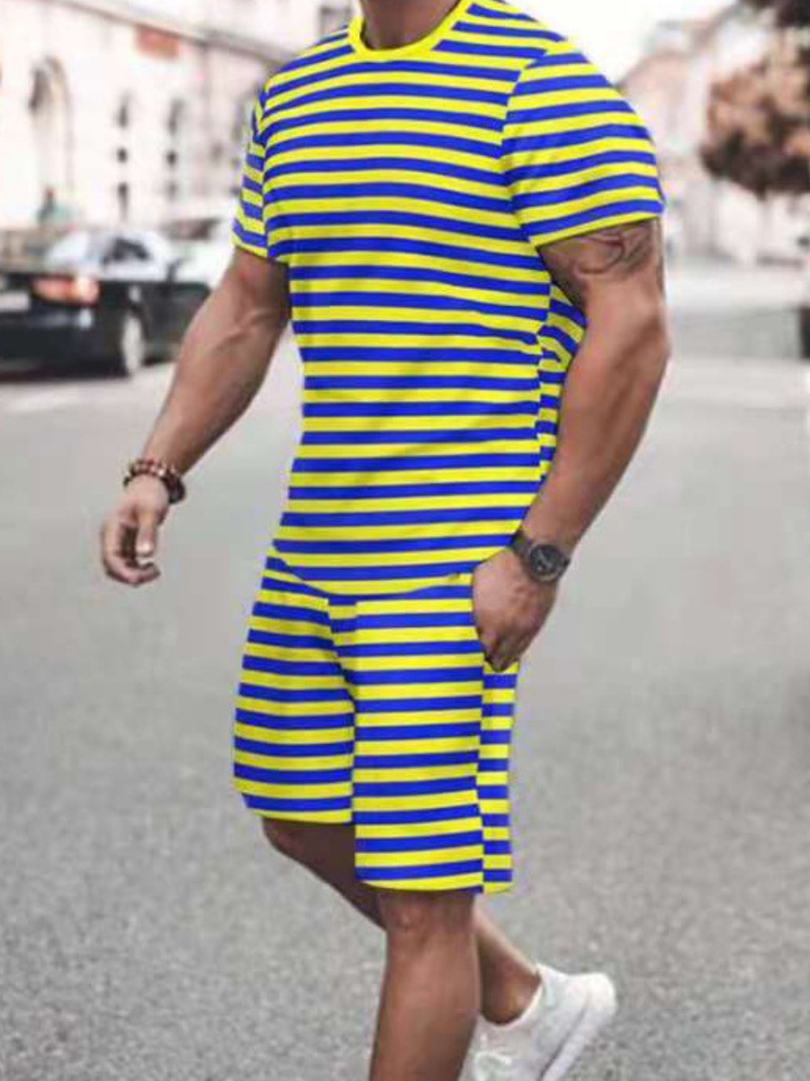 

LW Men Round Neck Striped Shorts Set, Blue