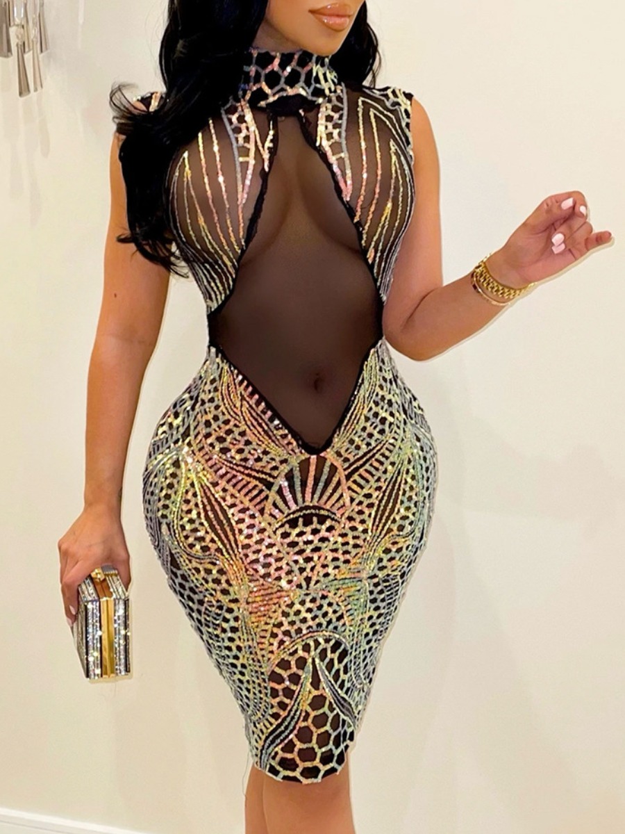 

LW SXY Sequined See-through Bodycon Prom Dress, Gold