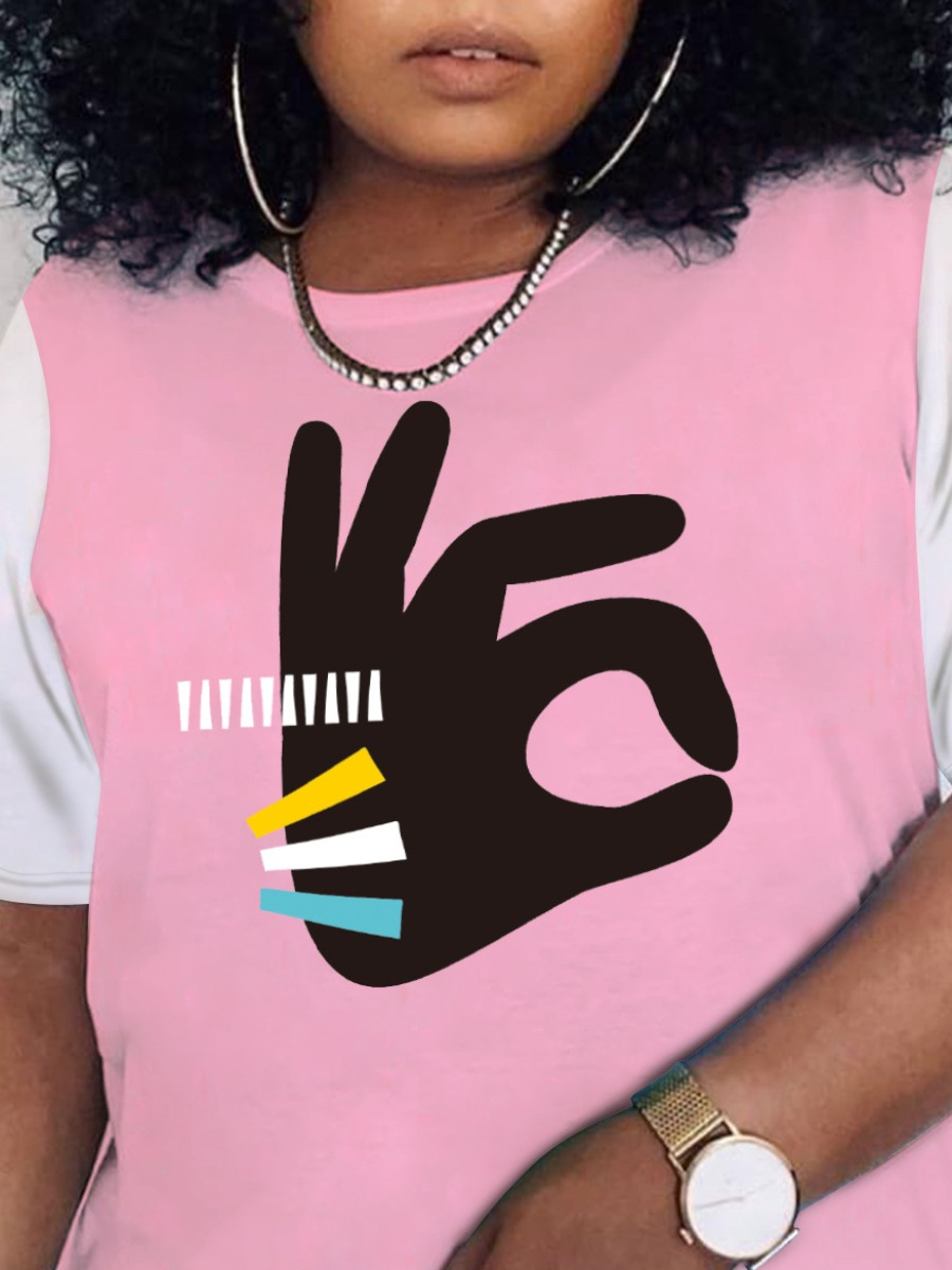 

LW Round Neck Figure Print T-shirt, Pink